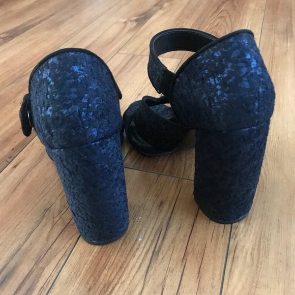 Zara Blue Black Textured Jacquard Block Heels - Picture 5 of 8